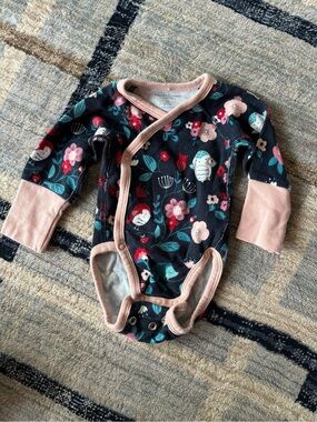 Polarn O. Pyret Navy Floral & Owl Wrap Bodysuit with Pink Trim